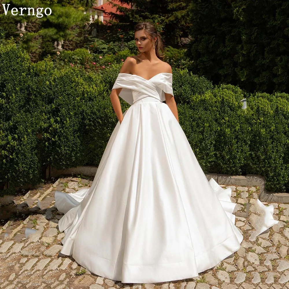 Verngo lvory-vestidos de novia de satén suave para mujer, hombros descubiertos, cremallera trasera, tren de corte, vestido de novia clásico moderno