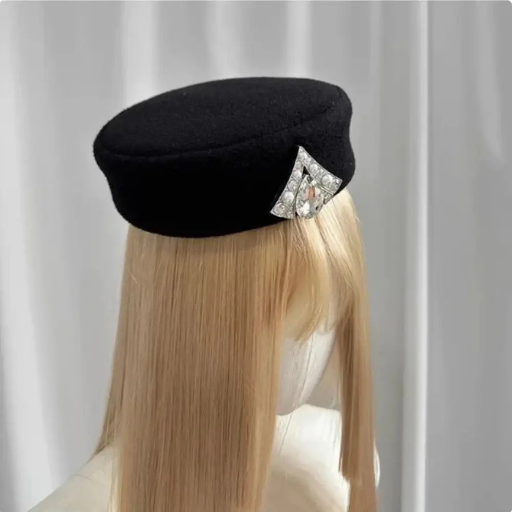 Uniform Stewardess Hat Vintage Topper Hat Rhinestone Solid Color Felt Beret Charm Retro Airline Stewardess Caps Masquerade Party