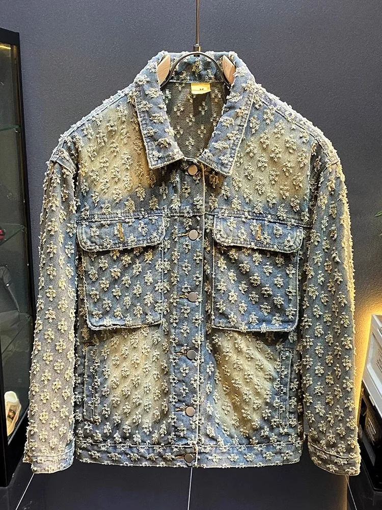 Retro American Denim Jacket Men's Washed Floral Couples Style Work Shirt Spring Autumn Trendy Youth Anti-Wrinkle Casual Coat
