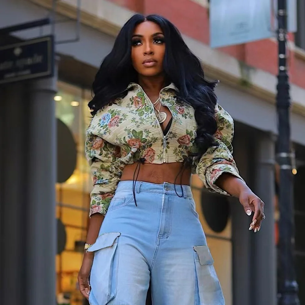 

Navel-baring Tie-dyed Jacquard Spring Autumn Women's New Long-sleeved Zipper Drawstring Short Jacket Куртка Женская Outerwears