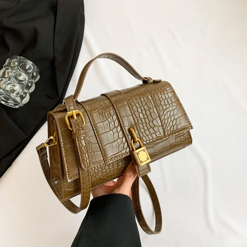 2024 Crocodile Print Solid Color PU Shoulder Bag High Quality Lock Buckle Stitching Cord Women\'s Handbag Bolsos De Señora