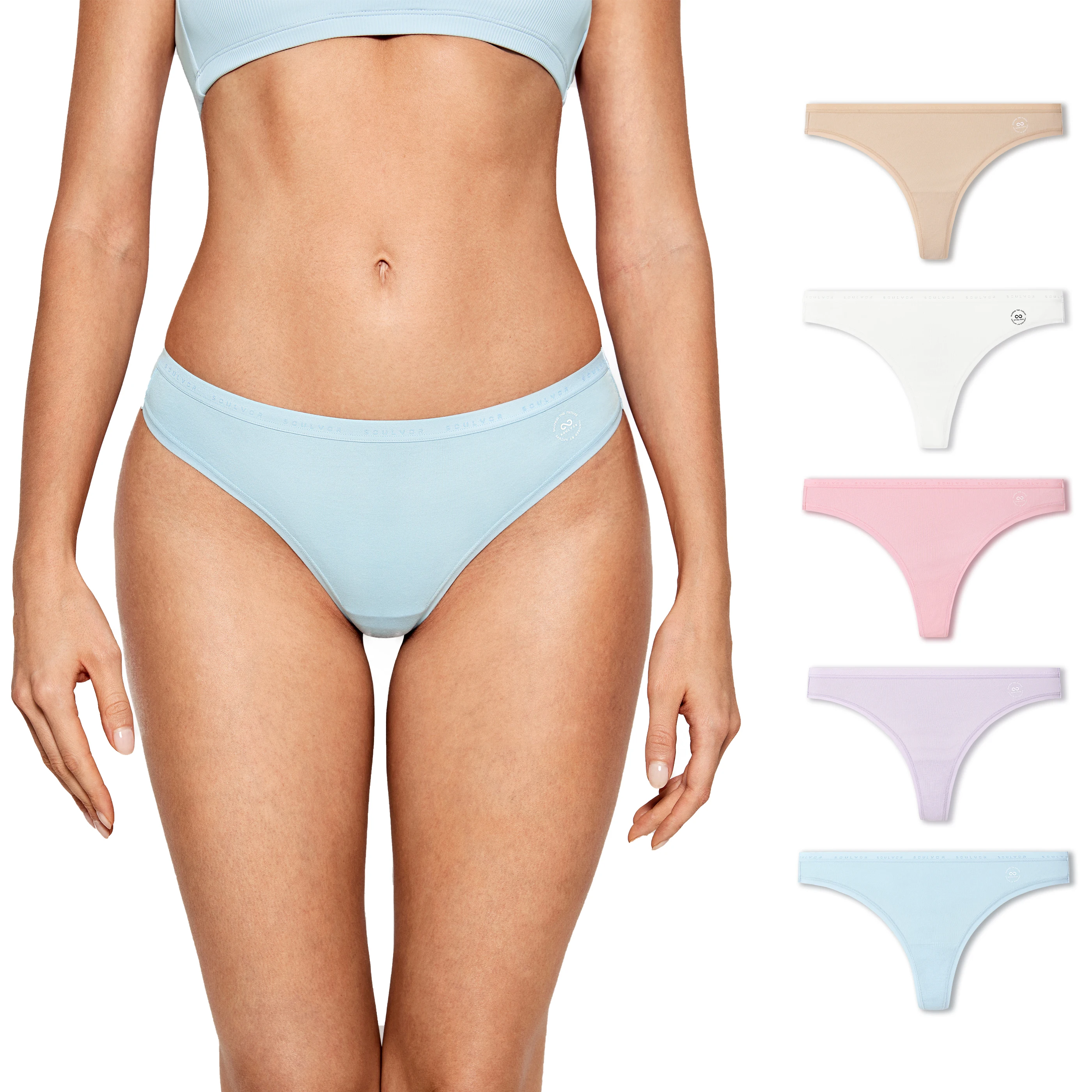 5 Pack Women\'s Thongs Underwear Cotton Panties Low Rise Tagless Panty Solid Color