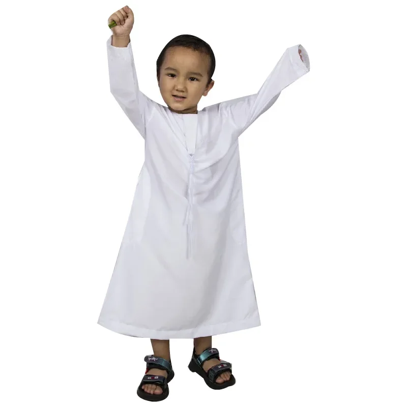 Kurtas Middle Eastern Children Embroidered Round Neck and Drawstring Ethnic Clothing in A White Robe