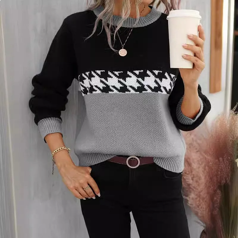 Geometric Jacquard Pullover Sweater Women Crew Neck Color Block Knit Top Spring Summer Casual Blouse Tee Jumpers