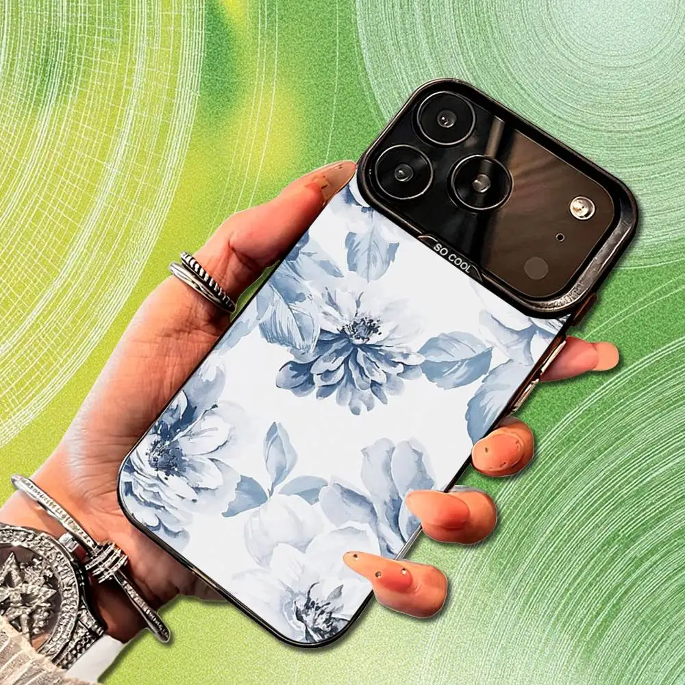 Чехол для телефона с синей художественной цветочной росписью для iPhone 14,17,13,12,11,16,15, Mini, Pro, SE, XS, MAX, черный матовый силиконовый чехол