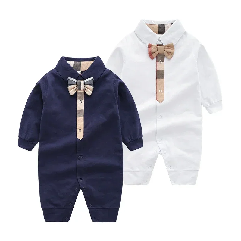 New Arrival letnia moda noworodka ubranka dla dzieci bawełna w kratę paski z krótkim rękawem dżentelmen Baby Boy śpioszki dziewczęce 0-24 miesięcy