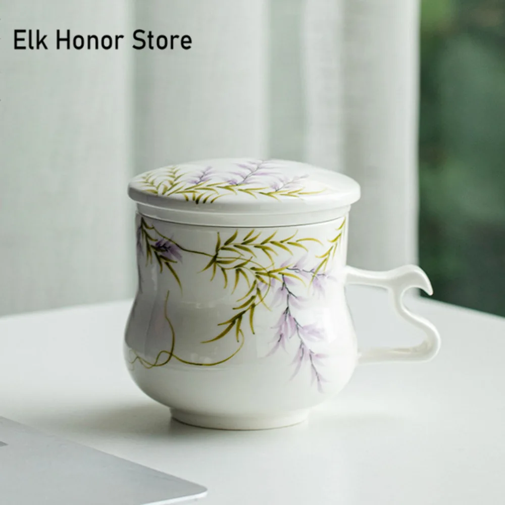 320ml Pure Hand-painted Wisteria Mug Boutique Coffee Cup Mug with Filter and Lid Tea Maker Personalized Mug Tea Items Craft Gfts