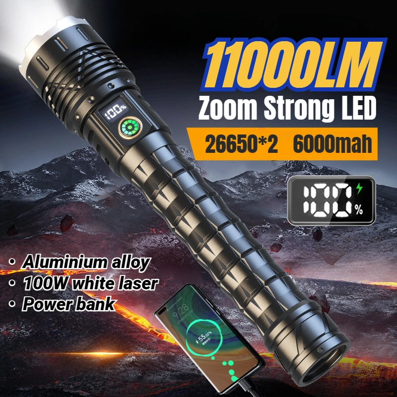 

1110000LM 30W White Laser High Power LED Flashlight IPX44 Waterproof Zoom Torch Camping Fishing Lantern USB Rechargeable Lights