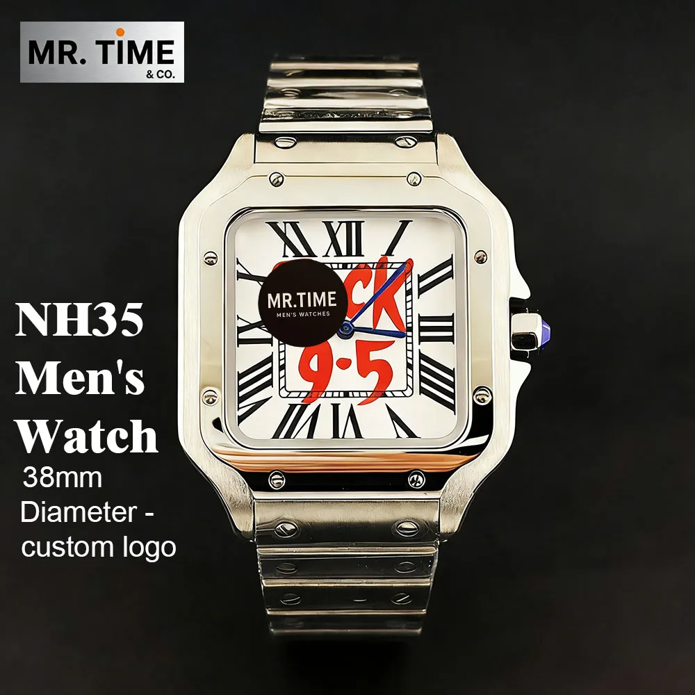 

Часы NH35 с квадратным циферблатом 9,5 мм, мужские часы из нержавеющей стали с индивидуальным логотипом, подходят для часов с механизмом NH35.