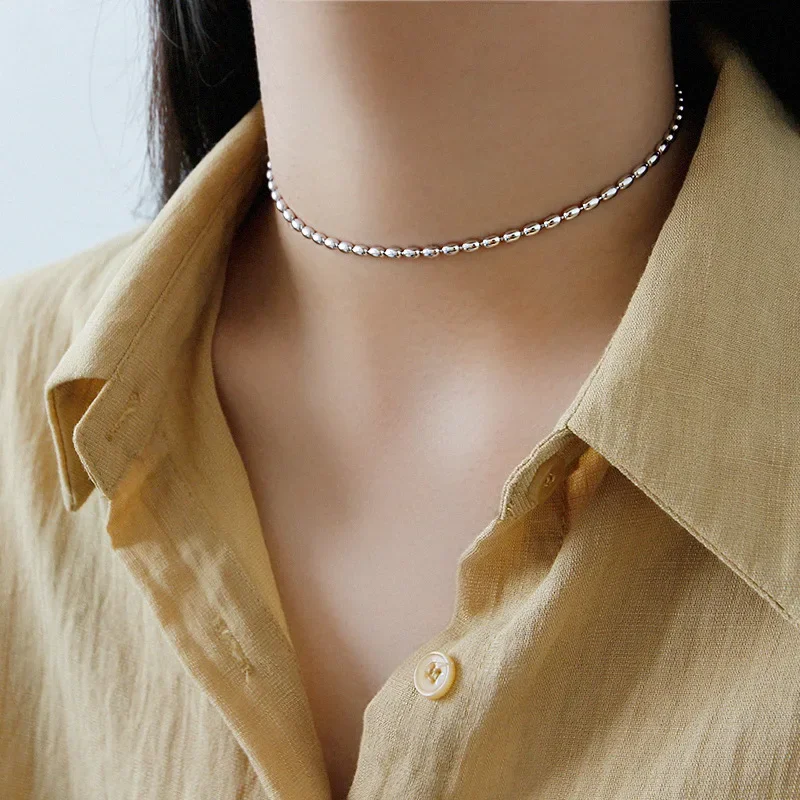 Korean S925 Sterling Silver Necklace Ins Elegant Non-Mainstream Oval Bead Beaded Female Necklace Cool Clavicle Choker