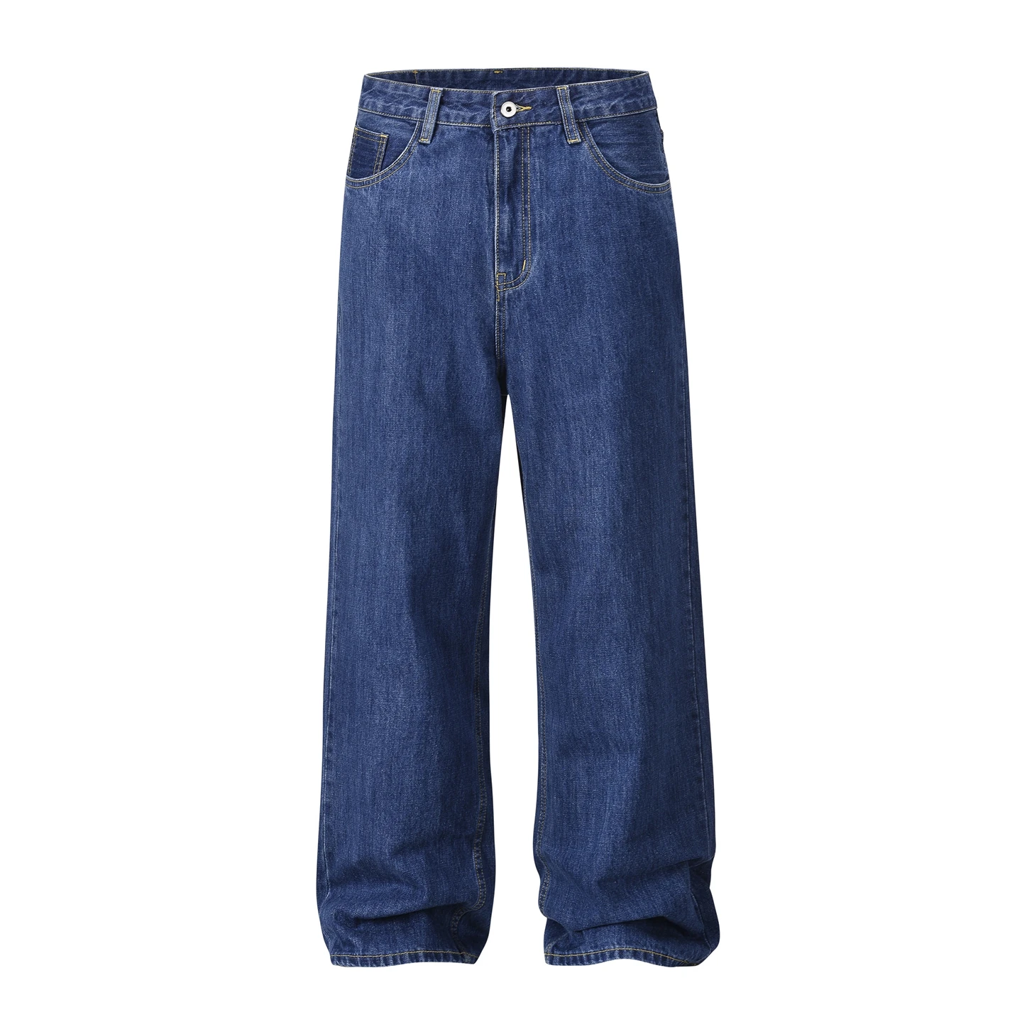 Calça Jeans Azul Retrô Solta de Perna Reta Casual Longa Tendência Marca Unissex Calça Denim Cintura Média com Zíper