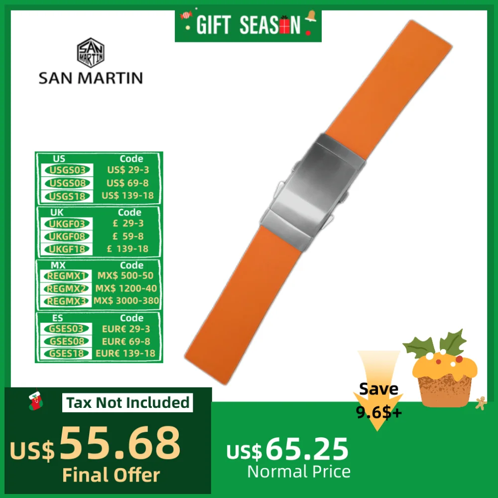 San Martin Watch Bands Rubber Straps 20mm 22mm With Folding Clasp Diving Watchband Waterproof Wrist Belt Soft Bracelet Durable