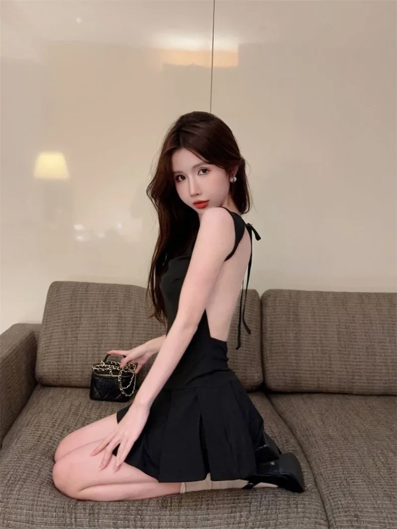 Fashion Sexy Backless Lace Up Black Dresses Y2k E-Girl Slim Waist Dress for Women 2024 Summer New A-line Vestidos Mujer