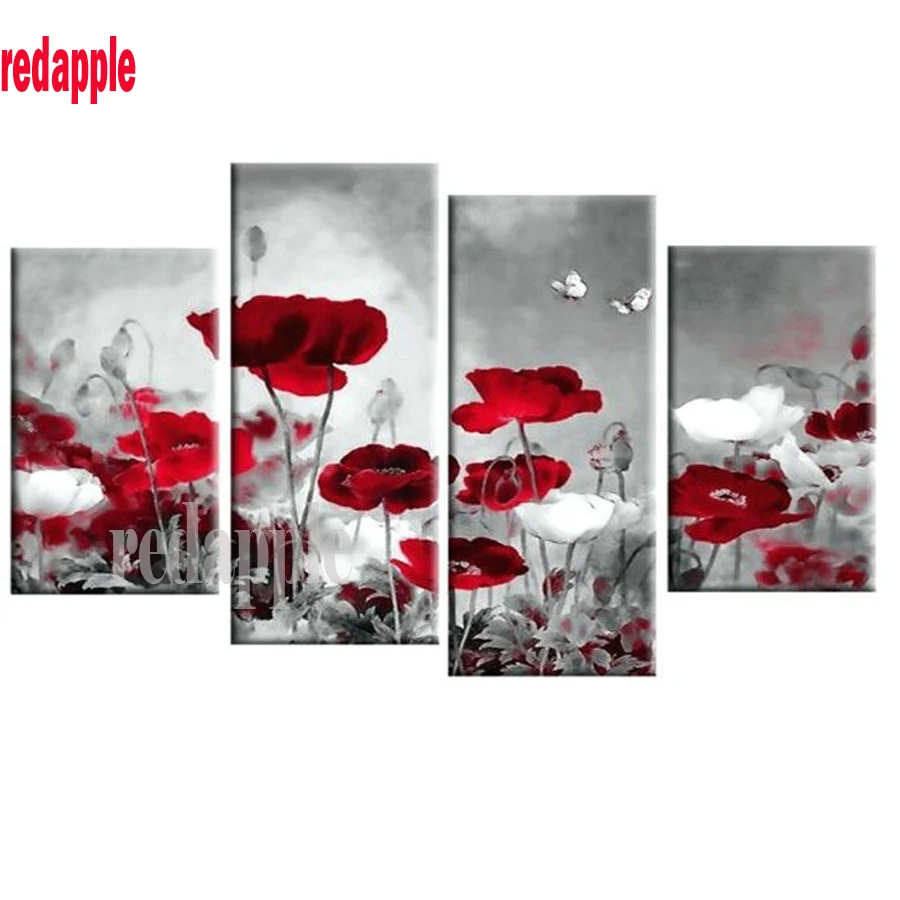 DIY Diamond Painting Cross Stitch, 5D Diamond Embroidery, Crystal Full Diamond Mosaic Crafts, Red Poppy Flowers, 4Pc Set