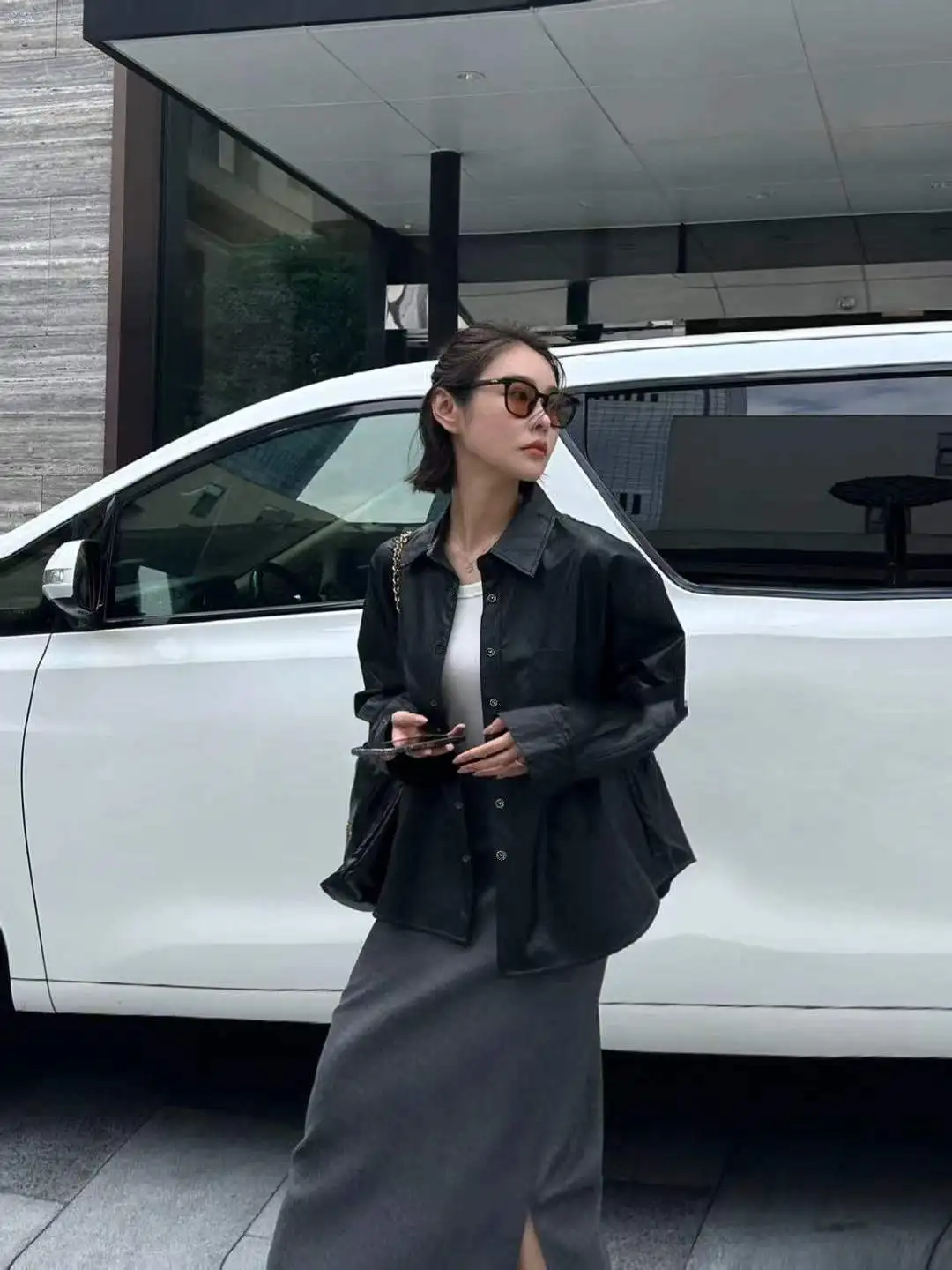 

Korean Sle Loose Collar Protein Leather Jaet Slimming Design Autumn Outerwear Women's Faion High-End Feeling Zipper Clo...