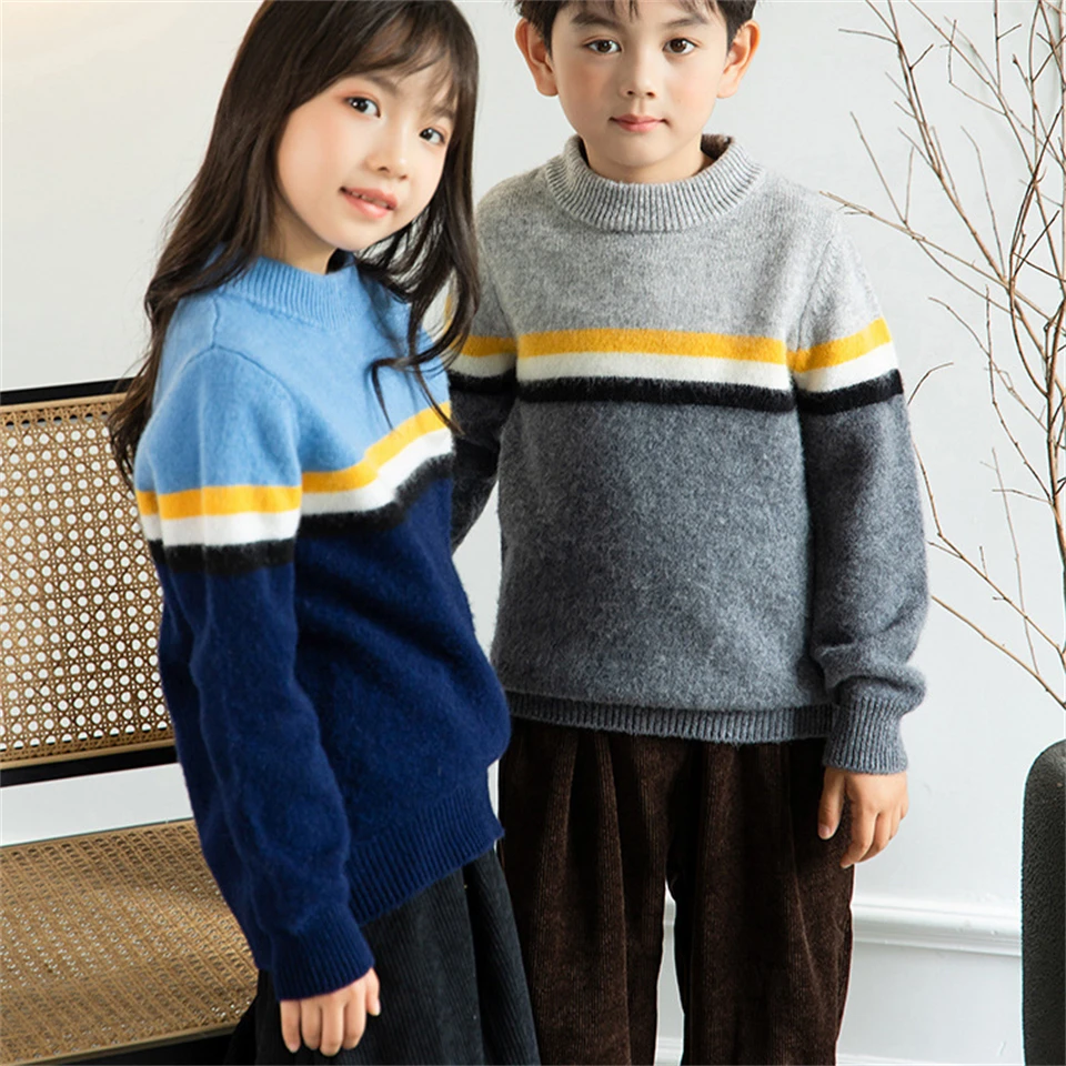 

Childrens new thickened wool sweater Boys and girls cashmere striped round neck bottom sweater Loose color blocking cashmere top