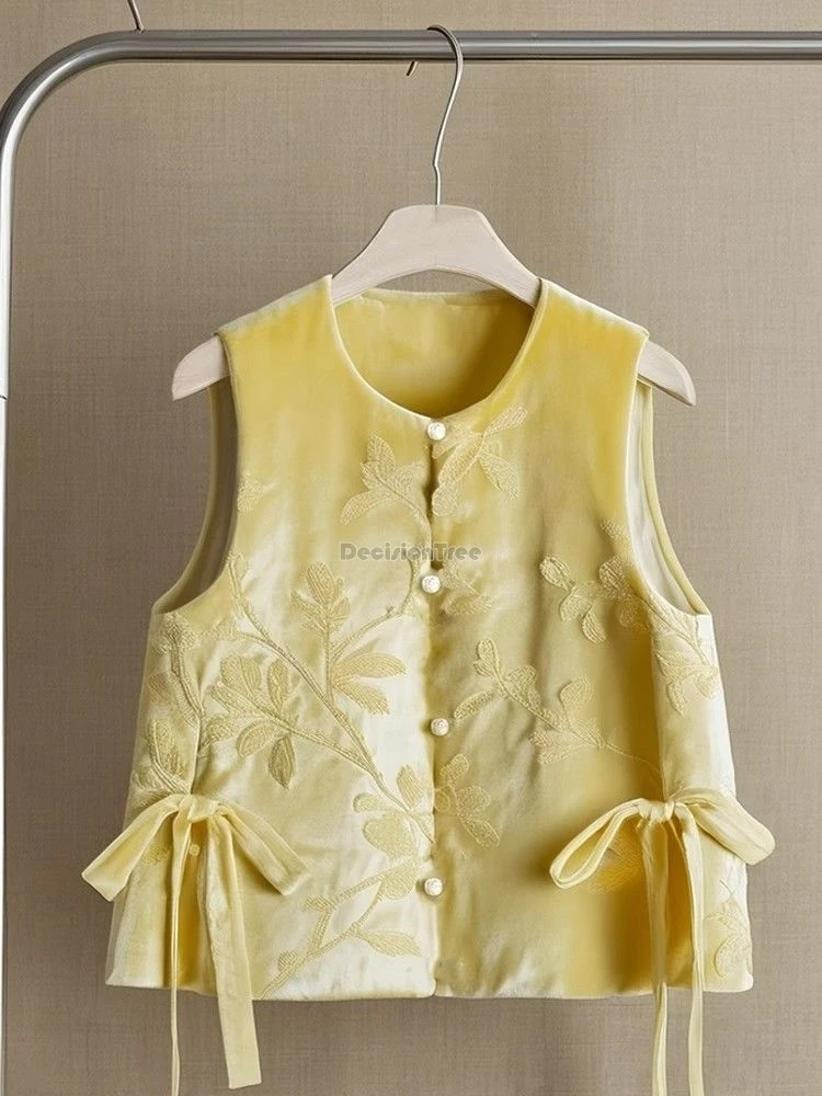 

2025 китайский улучшенный стиль ретро модный бархатный жилет топ на осень без рукавов с v-образным вырезом свободный повседневный повседневный костюм Тан блузка жилет