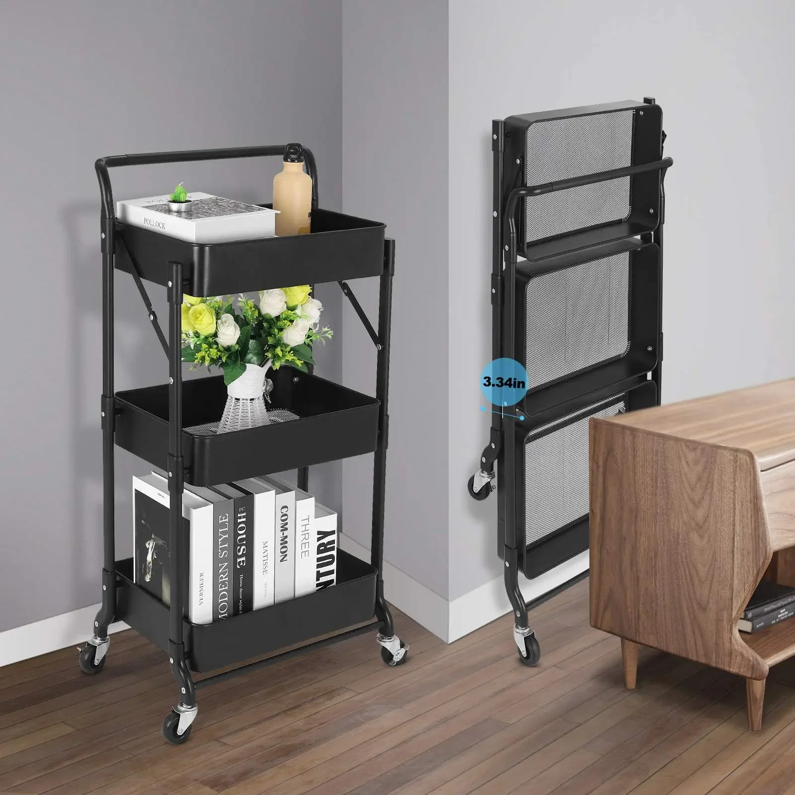 3-Tier طوي عربة المطبخ المعدنية استخدام تخدم عربة الرف على عجلات عربة أدوات قابلة للطي لمكتب المطبخ الحمام #1