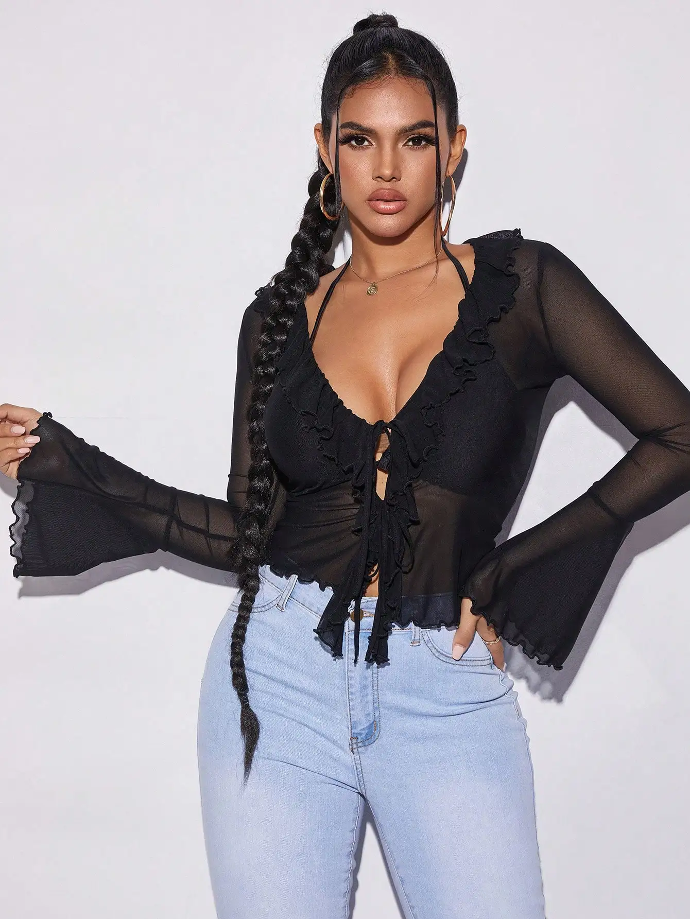

Sexy Women's Black Sheer Mesh Blouse with Ruffle Hem, Deep V Neck & Front Tie, Bell Sleeves