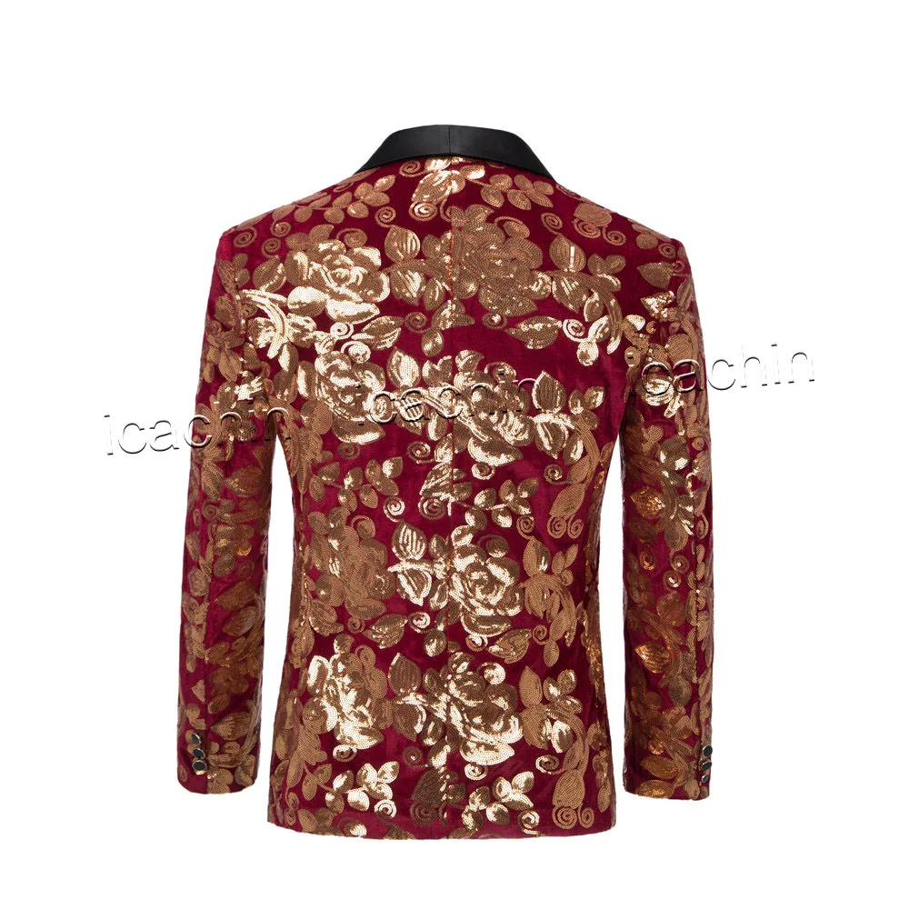 Men Fashion Velvet Sequins Floral Pattern Suit Jacket Blazer Luxury Brand Stage Clothing Slim Fit Tuxedo