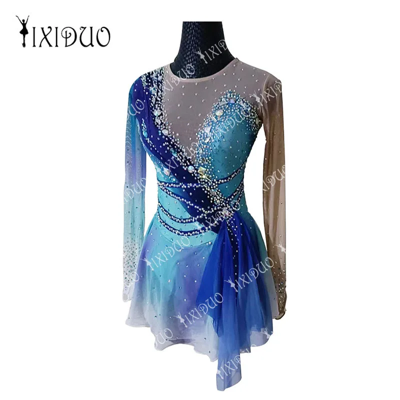 Professional Figure Skating Dress for Women\'s Girls\' Ice Skating Competition Costume Long Sleeve Outfits with Shiny Rhinestones