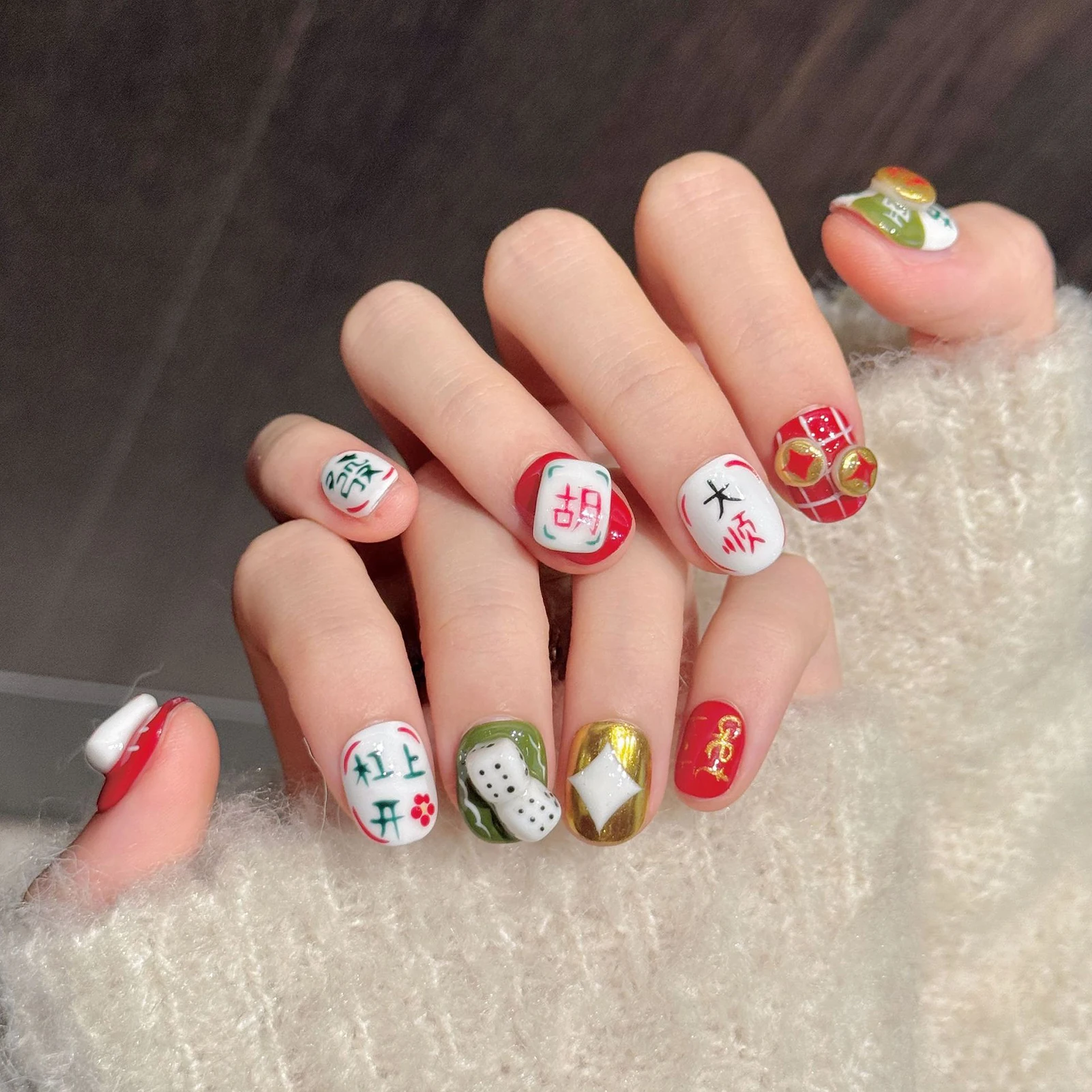 10pcs Mahjong Element Handmada Fake Nails Red Green Short Round Cartoon False Nail Chinese Style New Year Wearable Press On Nail