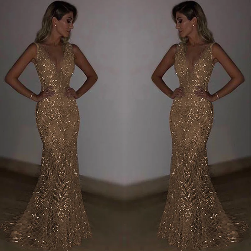 Spring Summer 2024 Cross-Border New Women's Dr Svel V-Ne Long Dr Gold Sprinkled See-Tough Evening Gown