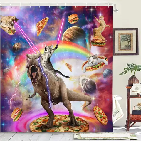 Cortina de ducha impermeable con diseño de gato y dinosaurio de fantasía, arte de onda nocturna estrellada para una decoración de baño única y juguetona