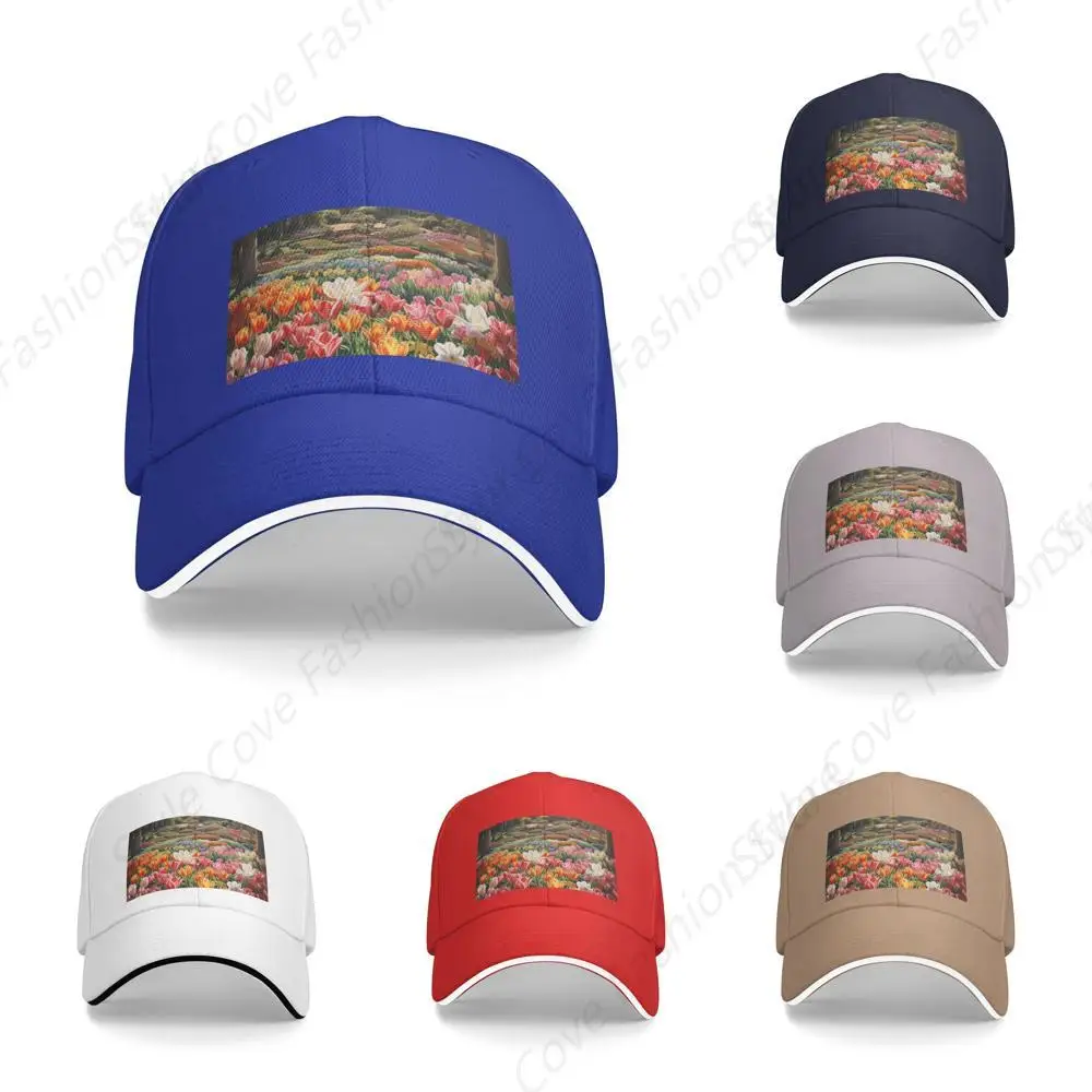 High Quality Tulip Garden Retro Print Sandwich Caps Peaked Caps Trucker Hat Men Women Outdoor Sport Sun Visor