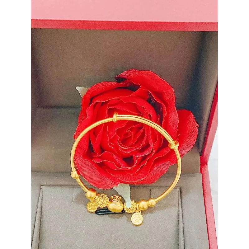 Gold Plated Lucky Charm Pouch Bracelet for Babies Traditional Craft Adjustable Infant Bracelet First Birthday Full Moon Gift