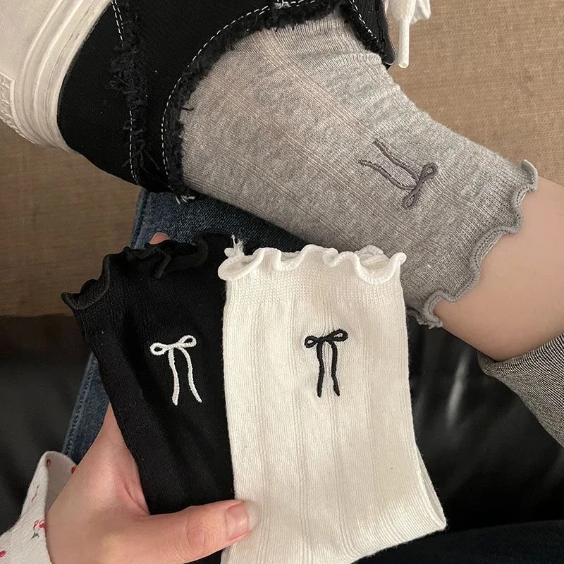

Summer Sweet Embroidery Lace Bow Piles of Socks Women's Thin Ultrathin Breathable Cotton Socks Japanese College Style Socks