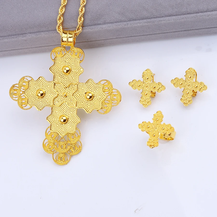 Ethiopian 4pc Golden Cross 80CM Necklace Earrings Rings African Party Jewelry Set Women Girls Eritrean Habesha Accessories