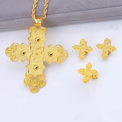 Ethiopian  4pc Golden Cross 80CM Necklace Earrings Rings African Party  Jewelry Set Women Girls Eritrean Habesha Accessories