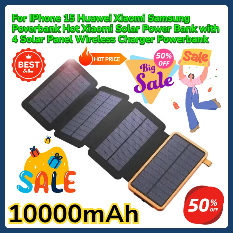 

For IPhone 15 Huawei Xiaomi Samsung Poverbank Hot Xiaomi Solar Power Bank 10000mAh with 4 Solar Panel Wireless Charger Powerbank