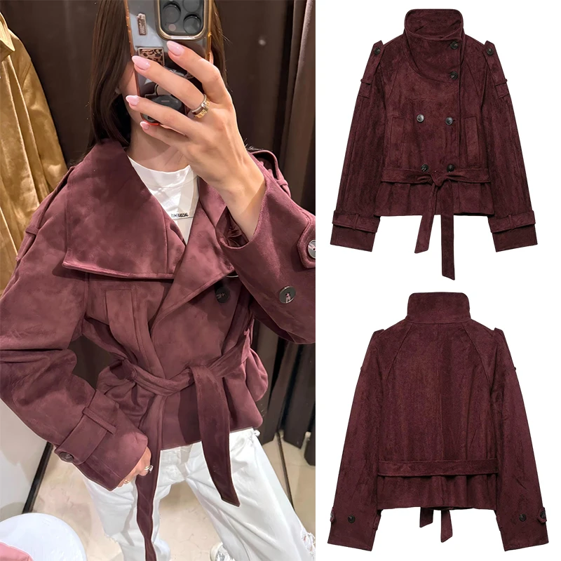 Women Suede Texture Jacket with Belt Mid Length Lapel Collar Button Front Loose Outerwear Vintage Autumn Winter Fashion