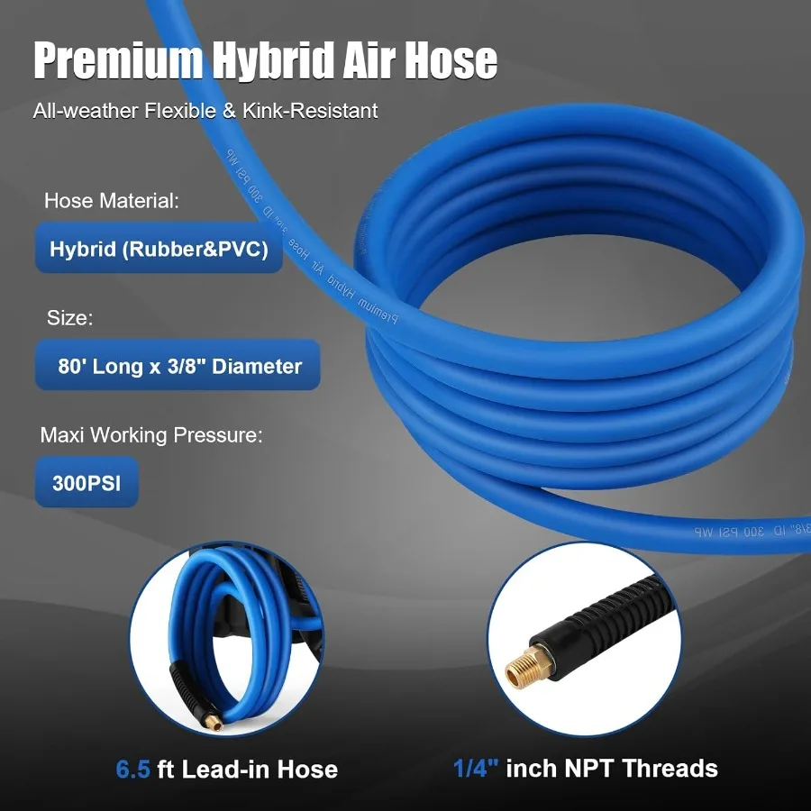 Enrouleur de tuyau d'air rétractable 80 pieds + 6,5 pieds, moulinet de tuyau pneumatique mural pour atelier de garage, rembobinage automatique 3 8x80'air hybride