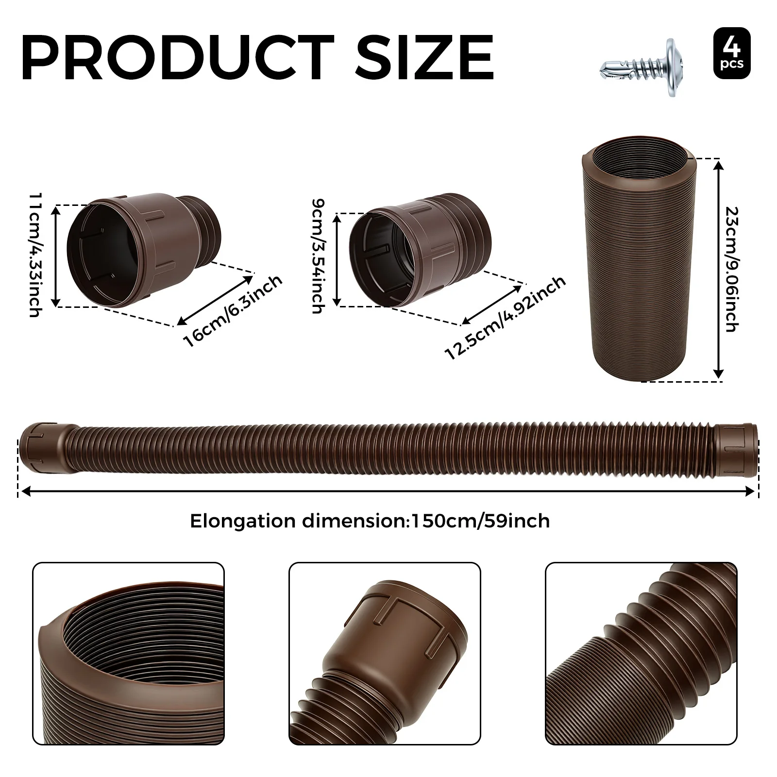Downspout Extension Flexible Rain Gutter Drainage Pipe Thickened PE Tool Free DIY Foundation Protection Brown Outdoor 18.82in