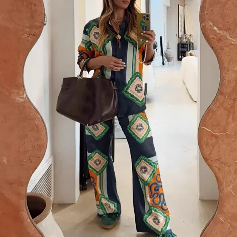 

2025 Women Casual Long Sleeve Loose Outfit Elegant Lapel Button Shirt & Long Pant Suit Fashion Pattern Printed Straight 2pc Sets