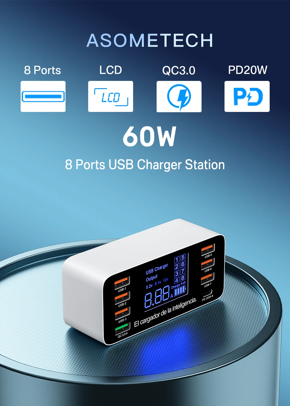 8 Ports USB Charger QC3.0 Quick Charge Phone Charger Adapter Type C 20W PD Fast Charger For iPhone 13 12 Samsung Xiaomi Huawei