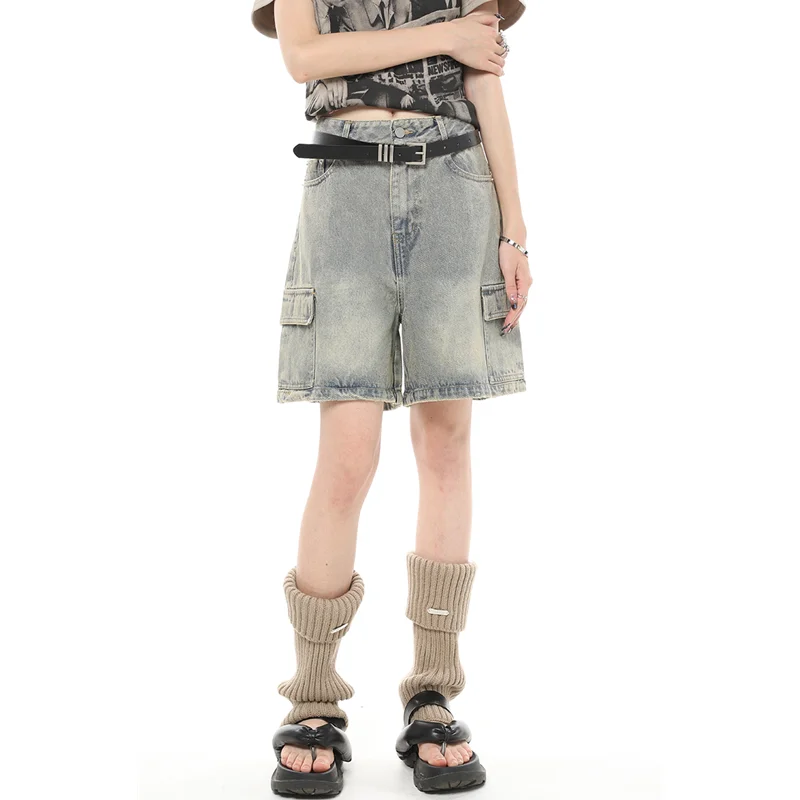 Blue Women's Cargo Denim Short Pants High Waist Wide Leg American Streetwear Summer Vintage Casual Baggy Straight Cargo Trouser