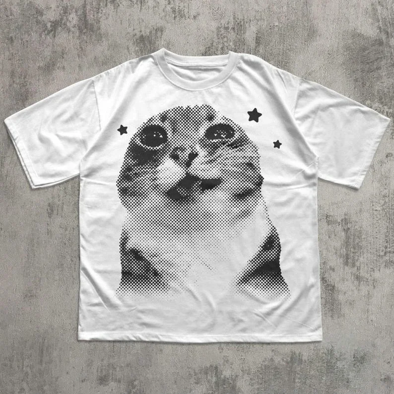 面白いY2K風の面白い猫プリントコットンTシャツ、90年代レトロ子猫ヴィンテージグラフィックTシャツ、猫好きへのギフト、ミームTシャツ、男女兼用トップス