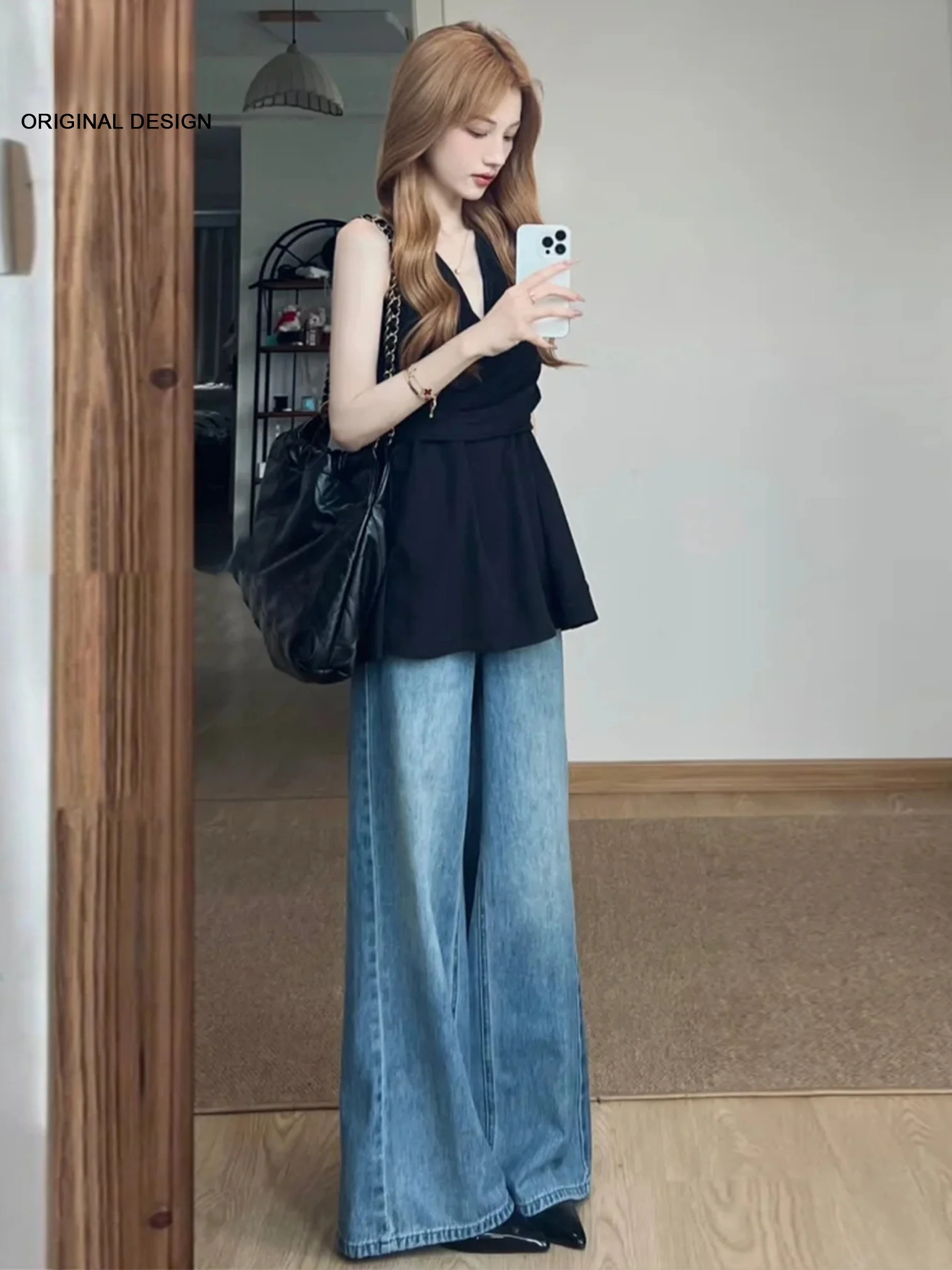 

Женские джинсы с высокой талией и широкими штанинами в стиле ретро, свободные, стройнящие, прямые, в пол, в американском стиле, с эффектом потертости, повседневные