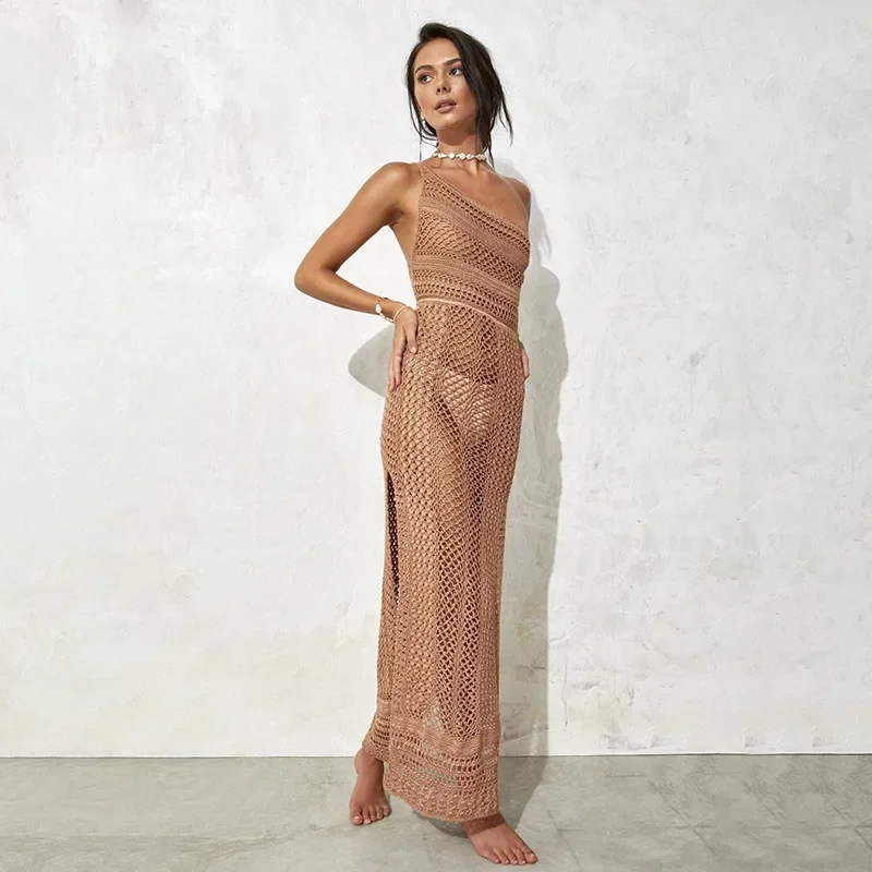 Seksowna dzianinowa sukienka maxi z rozcięciem, obcisła, letnia, narzutka na bikini, biała tunika, damska odzież plażowa, prześwitująca siateczkowa narzutka plażowa 2024