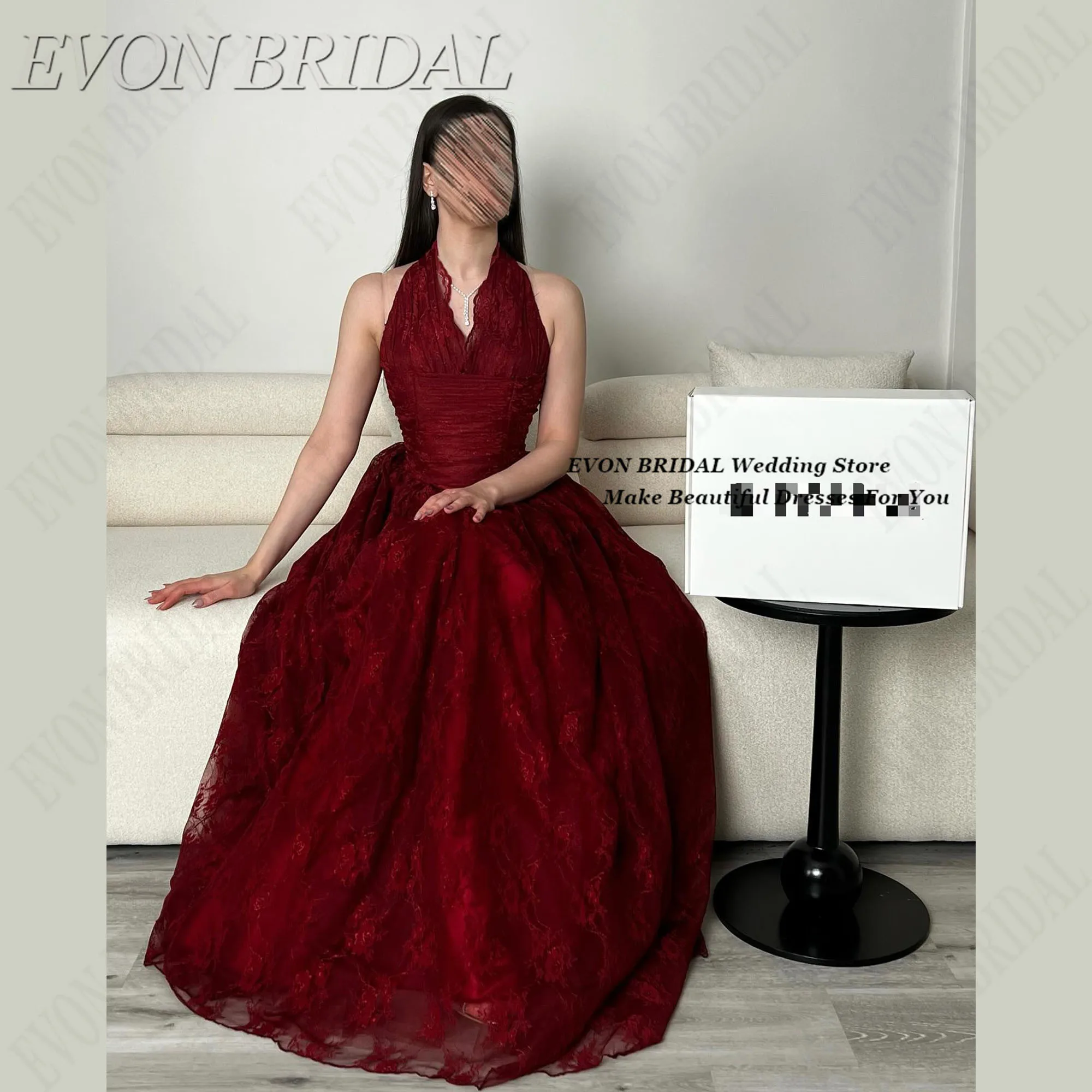 

Burgundy Halter Neck Lace Evening Dresses for Wedding Party Customized vestidos de noiva Floor-Length Prom Dress EVON BRIDAL