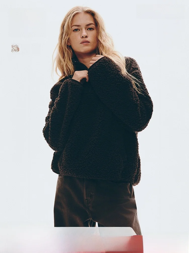 

Женская толстовка H&M на молнии с капюшоном, весенняя коллекция, из флиса Teddy, с длинным рукавом, воротник-стойка, модель 29737, 100% полиэстер, зимняя коллекция