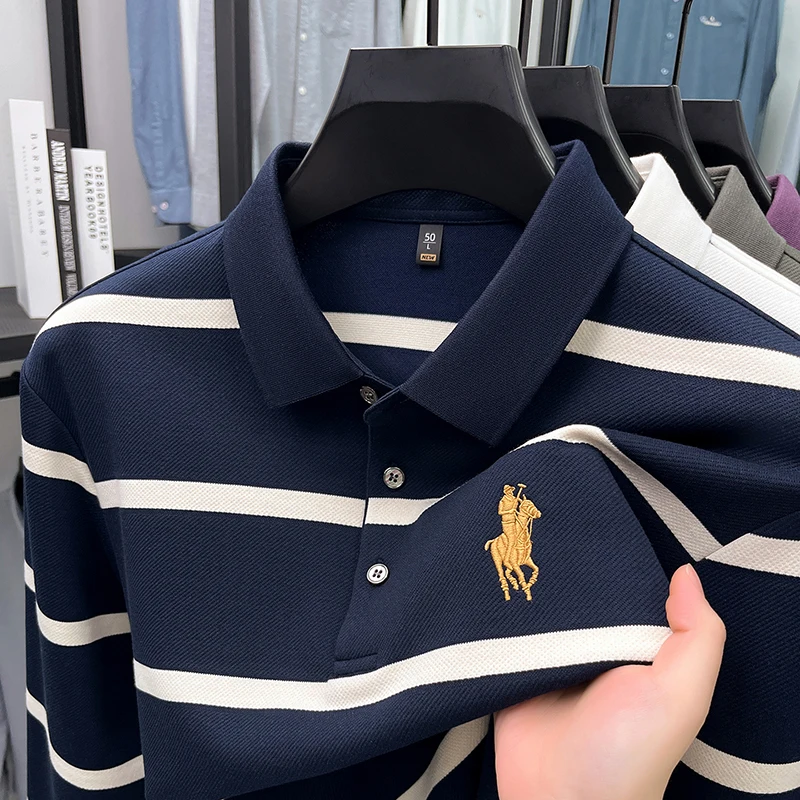 قماش مخطط شعار الحصان الشعبي المطرز للرجال بأكمام طويلة تي شيرت الخريف تنوعا الأعمال قاعدة طية صدر السترة قميص بولو #2