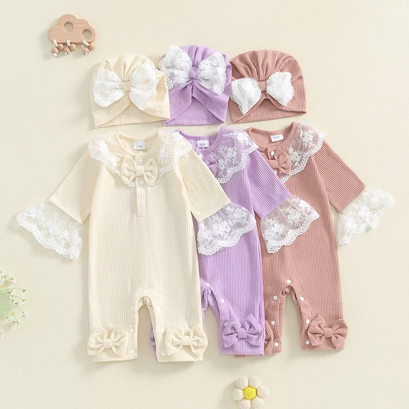 SUNSIOM 0-12 Months Baby Girl Romper 2Pcs Fall Outfits Long Sleeve Lace Trim Bow Jumpsuit with Turban Hat Newborn Clothes