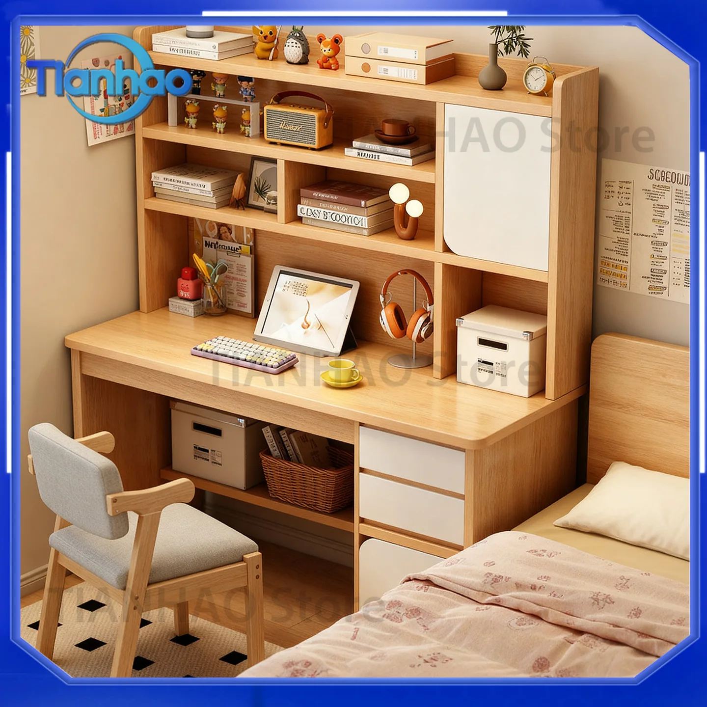 Desk with Bookshelf for Students for Elementary and Middle School Use Wall Mounted Study Desk with Drawers Bedroom Computer