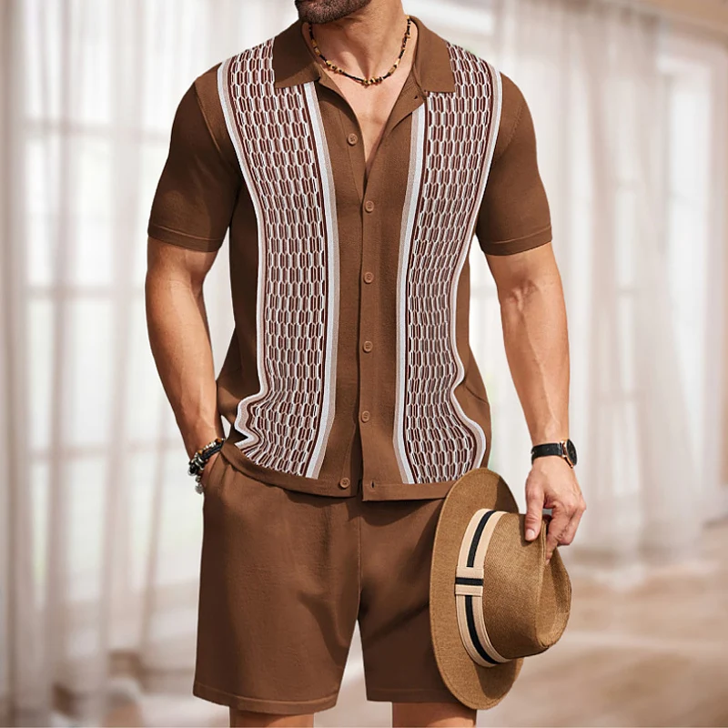 Vintage Patchwork Crochet Knit Mens Two Piece Sets Summer Daily Casual Short Sleeve Shirt And Shorts Mens Knitted Outfits Suits