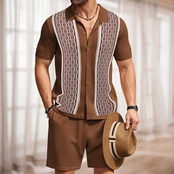 Vintage Patchwork Crochet Knit Mens Two Piece Sets Summer Daily Casual Short Sleeve Shirt And Shorts Mens Knitted Outfits Suits